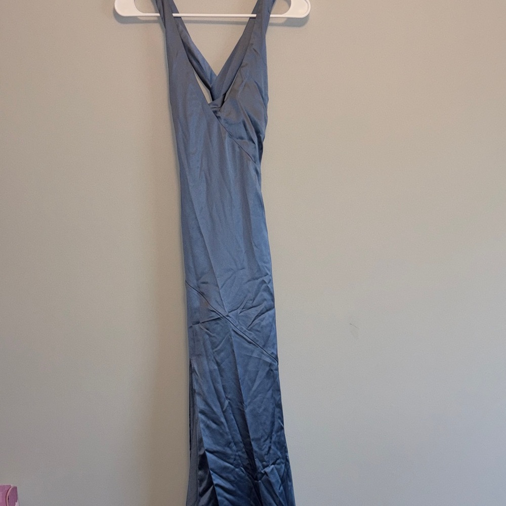 Lulu's Slate Blue Satin Slip Dress
